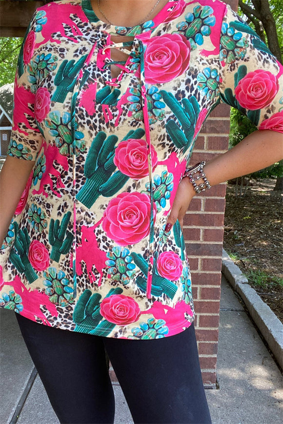 GJQ12940 Fuchsia floral turquoise cactus stone w/string leopard printed short sleeves women tops