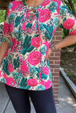 Floral & cactus short sleeves women tops w/criss cross neckline GJQ12940 IS19