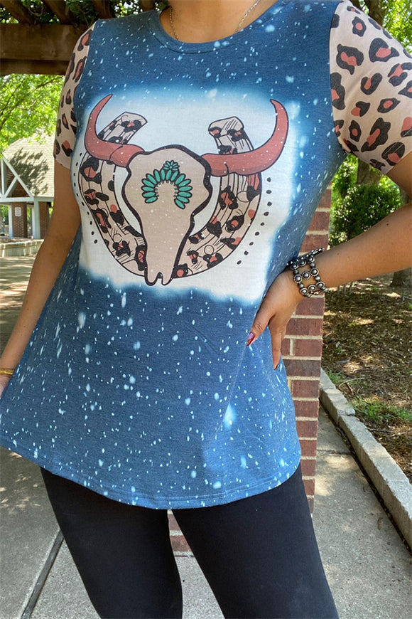 XCH11973 Bull skull blue leopard multi printed short sleeves women tops (GS6)