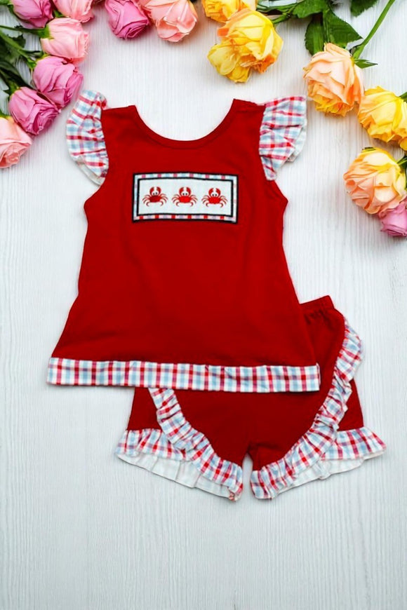 Shop Girls clothes Red crab embroidery ruffle girls shorts set w/bow in the back 1104WY (A3S7)