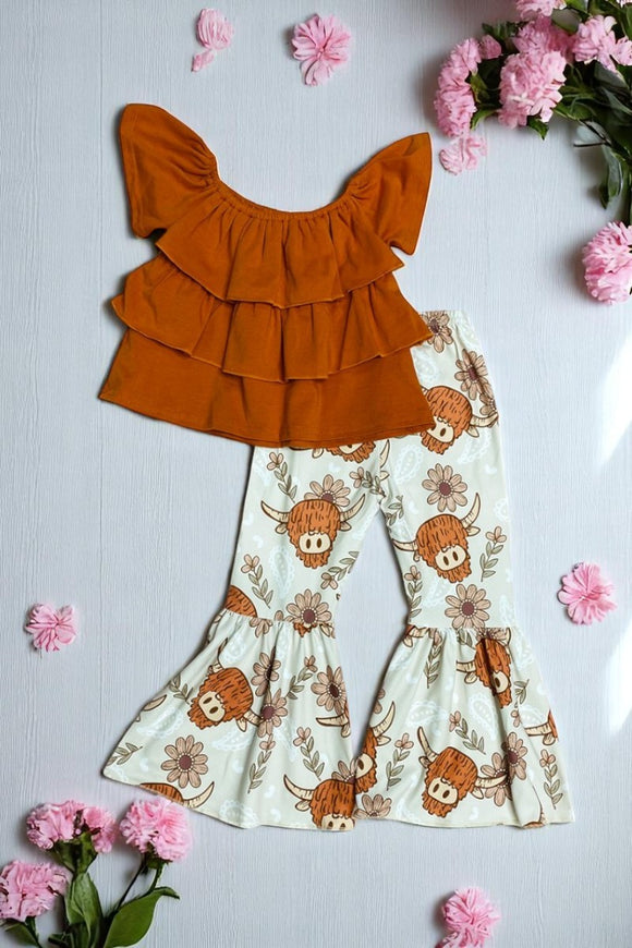Girls boutique clothing wholesle Brown ruffle top & cow prints pant 2pc sets 1111WY
