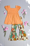 Kids clothing wholesale Light peach blouse & western print bell bottoms girl set 1113WY