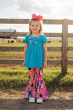 Western blue ruffle sleeve top & bell bottom girls boutique sets 1114WY (A3S6)