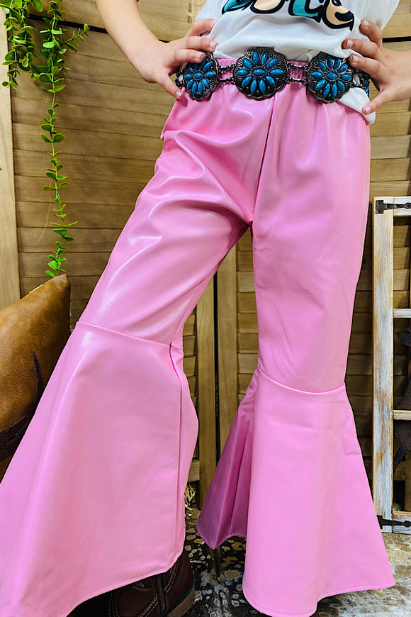 1118WY Solid pink leather girl bell bottoms