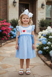 1131WY I love DAD embroidery blue striped ruffle sleeve girls dress (A2S6)