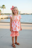 Chic Oranges, peaches, daisies top & checkered shorts girls boutique set 1148WY (A3S2)