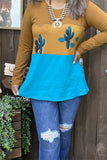 GJQ13400 Blue/ginger block color w/cactus printed long sleeve women top (DS4)