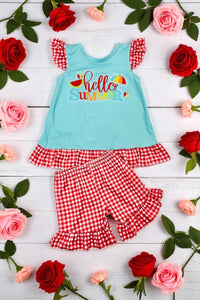 "HELLO SUMMER" aqua & red checkers 2pc ruffle set 1161WY