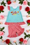 "HELLO SUMMER" aqua & red checkers 2pc ruffle set 1161WY