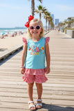 Trendy "HELLO SUMMER" aqua & red checkered girls boutique set 1161WY (A3S1)