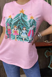 XCH15752 Dancing girls w/stars&trees multi color printed baby pink short sleeve women tops