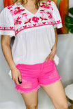 J152 Fuchsia women shorts w/scratch effect &side pockets