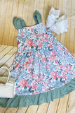 Trendy pink & mint floral ruffle cap sleeve girls boutique dress 1164WY