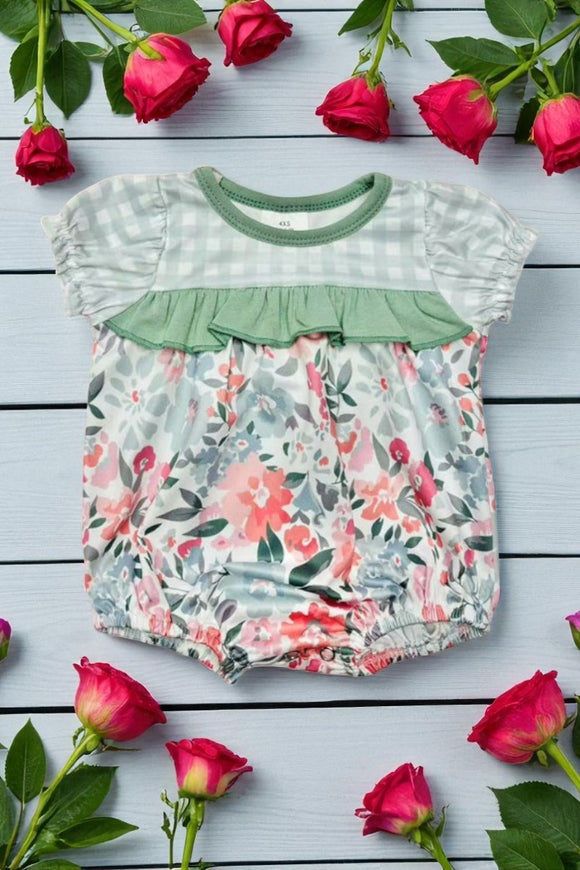 Plaid & Floral printed short sleeve baby onesie w/front ruffle 1165WY A13S3