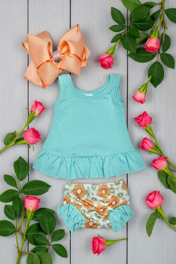 Cute Aqua tank top & floral print bloomer baby sets 1166WY A14S5
