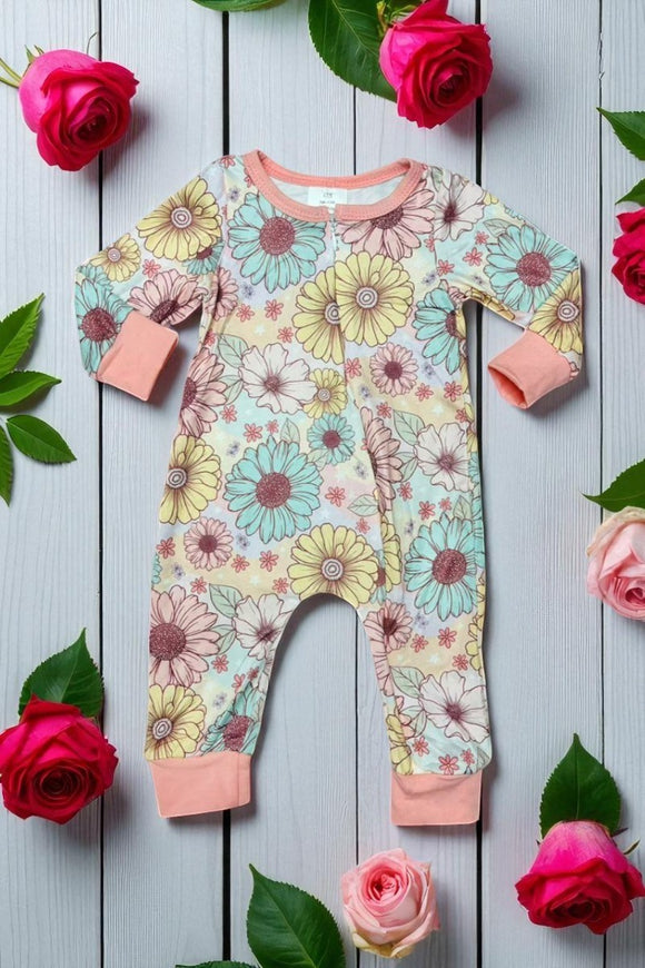 Floral printed long sleeve baby romper w/full zippers 1179WY A14S2