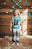 Western "RODEO" aqua top & white/black plaid pant set girls boutique set 11999MZ (A1S8)