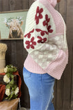 MY15306 Pink block rust red printed  knitted fabric women sweater loose long sleeve w/long string hoodie