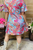 GJQ15832 Paisley multi color printed bell short sleeve mint women dress w/side pockets