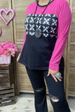 GJQ15226 White graphic with block pink/black long sleeve women tops