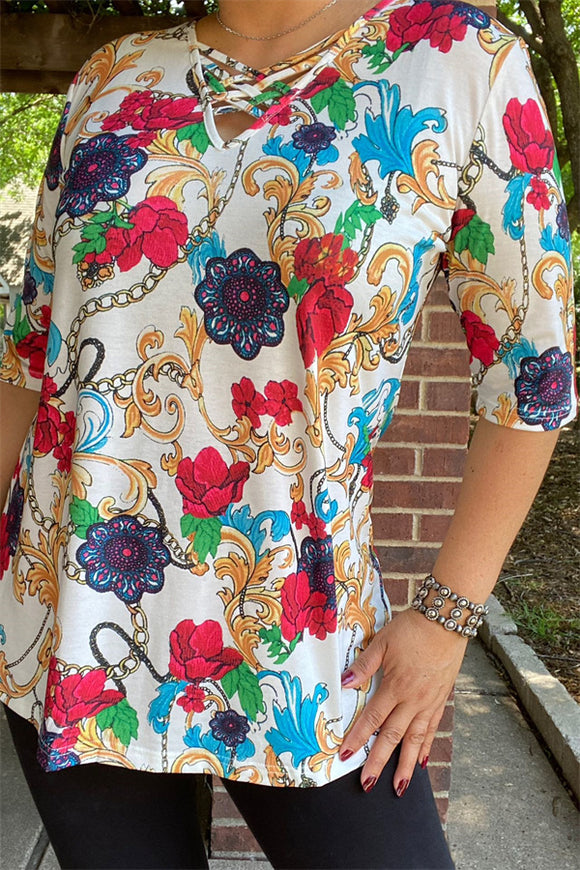 GJQ13814S Paisley floral multi color printed cross v neckline half sleeves women tops