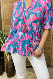 XCH15817 Teal&pink graphic multi color printed short sleeve/ruffle hem women tops