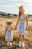 Western Yellow & blue floral printed girl's boutique dress 12067MZ (A2S2)