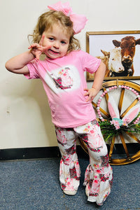 Kids pig & flower printed pink short sleeve top bell bottoms 2pc girls sets 12098MZ