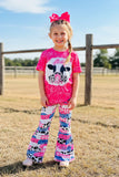 Western cute cow print pink top bell bottom girls boutique set 12155MZ (A6S7)