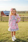 Chic floral printed & grey checkered ruffle long sleeve girls boutique dress 12188MZ (A2S2)