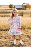 Chic floral printed & grey checkered ruffle long sleeve girls boutique dress 12188MZ (A2S2)