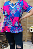 XCH15899 Blue&Fuchsia geometric graphic multi color printed short sleeve V-neckline w/cross string women tops