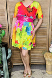 GJQ15888 Colorful big floral printed short sleeve women dress w/side pockets &elastic waist band