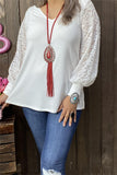 BQ14110-1 White women top w/lace tighten cuff  long sleeves w/v-neckline