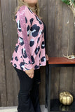 XCH14656 Half big leopard&block solid color black printed w/pink side sequin long sleeve women tops w/v-neckline