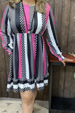 GJQ15313 Dots&multi color striped printed long sleeve w/elastic ruffle cuff w/side pockets women dress