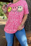 DLH12608-2 Pink leopard smiley face printed t-shirt
