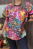 XCH15659 Colorful leopard printed double ruffle short sleeve women tops