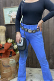 S009 Elastic band waist long straight women blue pants