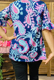 GJQ15885 Pink&mint paisley multi color printed short sleeve w/ruffle V-necklace navy women tops