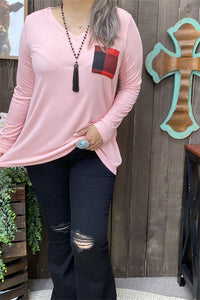 BQ8142 Pink long sleeve w/plaid printed back women tops w/front pocket (ES2)