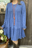 GJQ15503 Blue solid color long sleeve w/side pockets women dresses