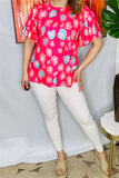 BQ15248 Coral&mint multi color circle graphic printed short bell sleeve women fuchsia tops