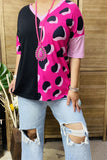 XCH14276 Half black&fuchsia/ pink leopard printed short sleeve drop shoulder women tops (ES1)