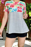Women t-shirt wholesale Leopard & Grey striped printed short sleeve top FW8744 (FS9)