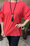 BQ15871 Short sleeve w/double ruffle&bronze stud women blouse