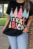 XCH15733 "MERRY BRIGHT"words printed Christmas holiday graphic short sleeve women black tops