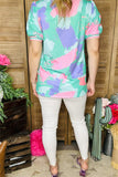 XCH15900 Turquoise&pink&purple multi color printed V-neckline w/colorful trim short sleeve w/tight cuff women tops