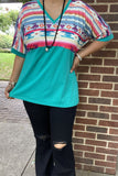 GJQ9673-2 Bull/Aztec&Turquoise block solid color printed short sleeve women top