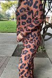 BQ15604 Black&brown leopard printed long sleeve top&pant 2pcs tan women set